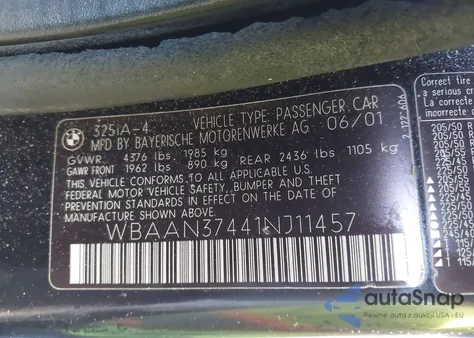 2001 BMW 325I из США, поврежденный, VIN WBAAN37441NJ11457